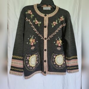 Vtg Rene Derhy Gray Pink Wool Blend Embroidered Crochet Floral Cardigan‎ Size S